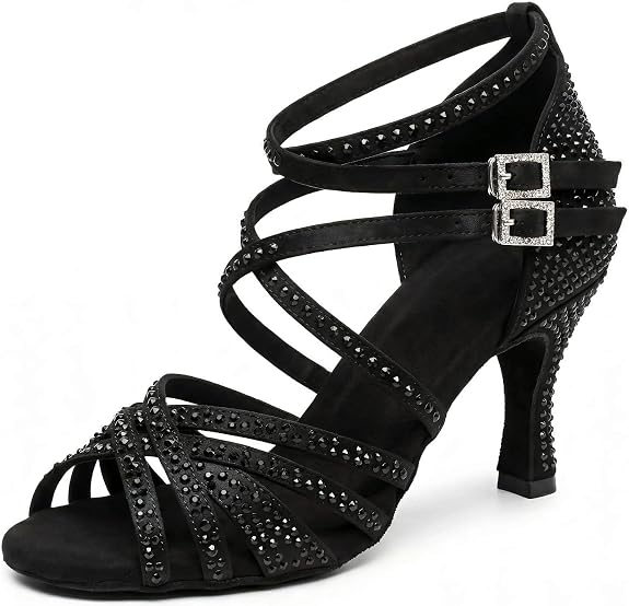 Women's Rhinestone Latin Dance Shoes 3" Heel Professional Satin Ballroom Salsa Performance Dancing Shoes