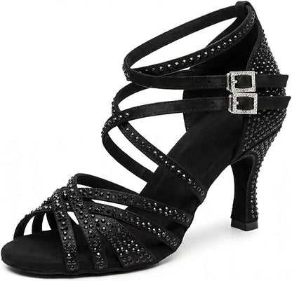 Women's Rhinestone Latin Dance Shoes 3" Heel Professional Satin Ballroom Salsa Performance Dancing Shoes