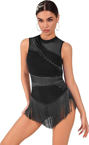 Rhinestone Fringe Bodysuit Women Sparkly Tassel Romper Dress Mesh Latin Jazz Dance Leotard Rave Outfits Disco Pole Dancewear