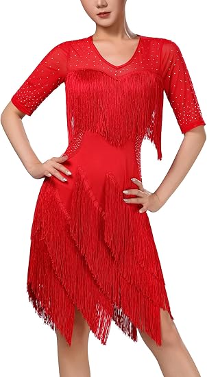 Rhinestones Layered Fringe Dress Ballroom Latin Dance Dress for Women Tassel Flapper Dresses Salsa Dancing Costume