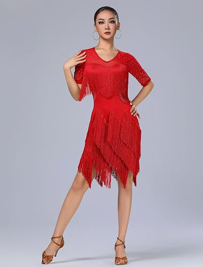 Rhinestones Layered Fringe Dress Ballroom Latin Dance Dress for Women Tassel Flapper Dresses Salsa Dancing Costume