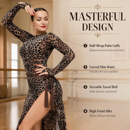 Latin Dance Tango Salsa Dress for Women Leopard Print Flamenco Samba Dance Costumes for Competition