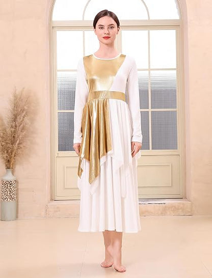 Metallic Praise Dance Dress for Women Asymmetric Ruffle Overlay Dresses Liturgical Lyrical Dancewear Worship Costume