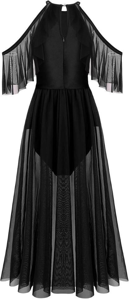 Women Lyrical Dance Costume Shiny Criss Cross Spaghetti Strap Full Circle Mesh Tulle Long Dress with Brooch Pin