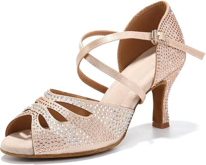Women's Rhinestones Latin Ballroom Dance Shoes Ankle Strap Peep Toe