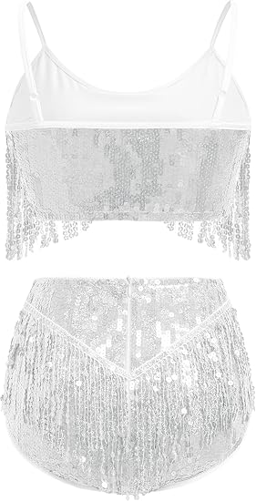 Womens Rave Outfit Sequin Fringe 2 Piece Set Sparkly Tassel Crop Top and Shorts Dance Costume
