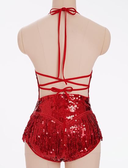 Women Halter Sparkly Fringe Sequin Bodysuit Sexy Jazz Dance Outfits | Showgirl Concert Latin Salsa Surprise Dance Outfits Adult Shiny Sequins Acrobat Trapeze Glitter Tassel Recital Dancewear