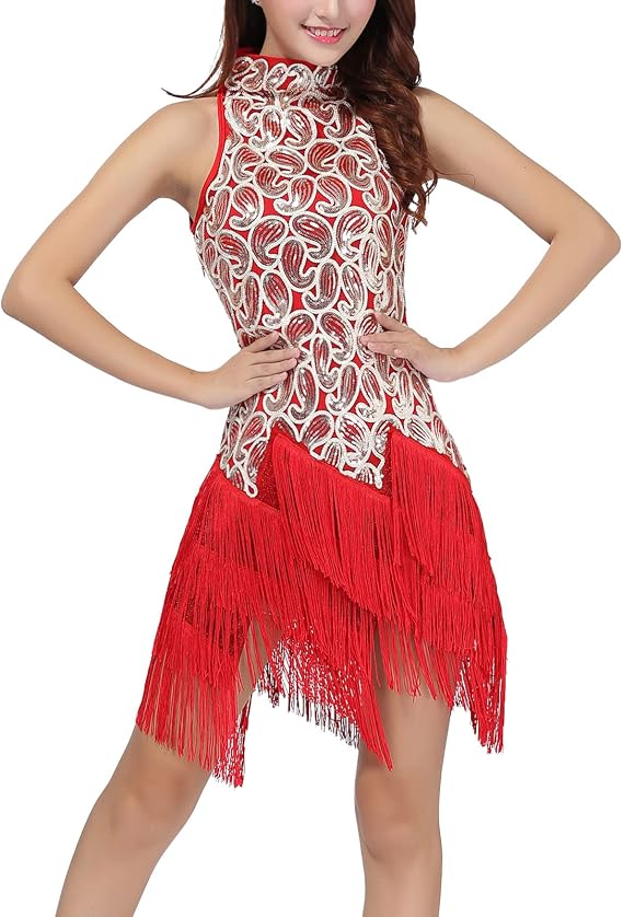 Women's Mock Neck Sequin Tassel Fringe Dress Salsa Latin Ballroom Rave Party Dance Costume