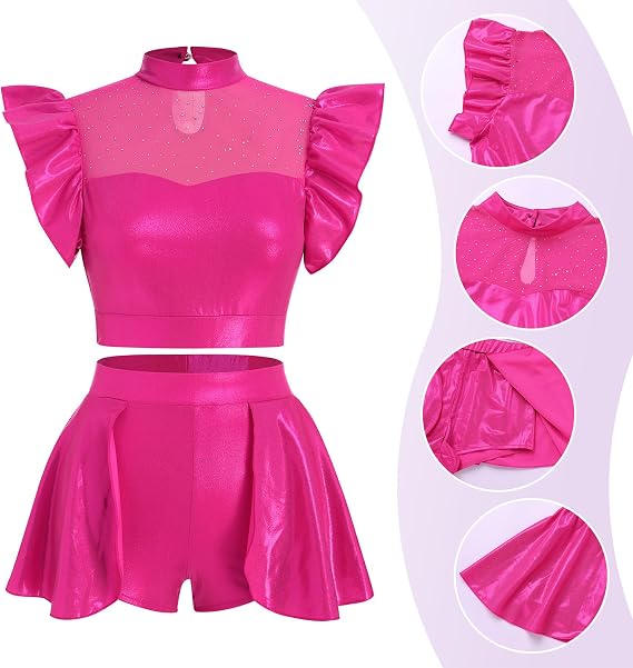 Women Metallic Dance Dress Ruffle Sleeve Crop Top Mini Dance Short Half Skirt Adult Lyrical Costume
