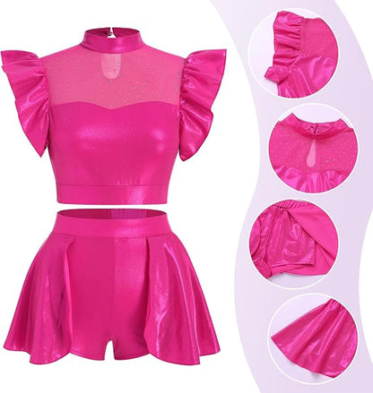 Women Metallic Dance Dress Ruffle Sleeve Crop Top Mini Dance Short Half Skirt Adult Lyrical Costume