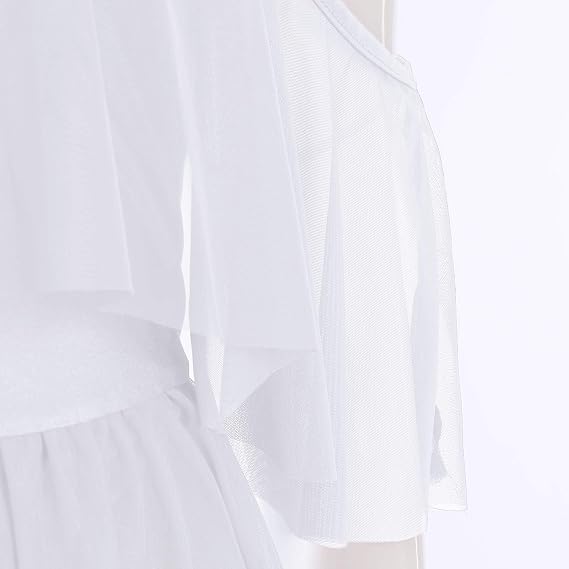 Women Lyrical Dance Costume Shiny Criss Cross Spaghetti Strap Full Circle Mesh Tulle Long Dress with Brooch Pin