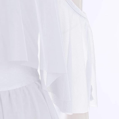 Women Lyrical Dance Costume Shiny Criss Cross Spaghetti Strap Full Circle Mesh Tulle Long Dress with Brooch Pin