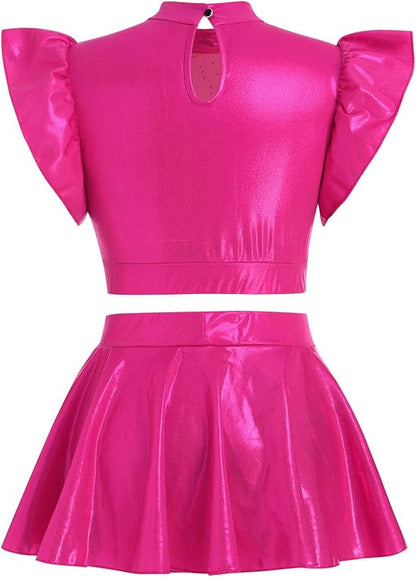 Women Metallic Dance Dress Ruffle Sleeve Crop Top Mini Dance Short Half Skirt Adult Lyrical Costume