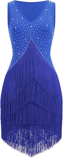 Women Latin Dance Dress Sleeveless V Neck Rhinestone Top Midi Fringe Skirt Jazz Ballroom Outfit