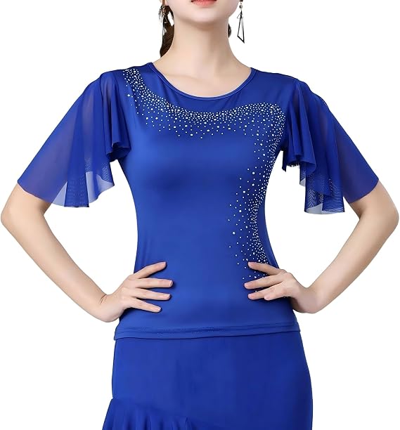 Womens Latin Dance Costume Rhinestone Flared Sleeves Stage Performance Ballroom Dancing Tops