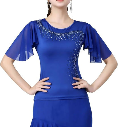 Womens Latin Dance Costume Rhinestone Flared Sleeves Stage Performance Ballroom Dancing Tops