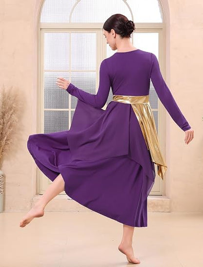 Metallic Praise Dance Dress for Women Asymmetric Ruffle Overlay Dresses Liturgical Lyrical Dancewear Worship Costume