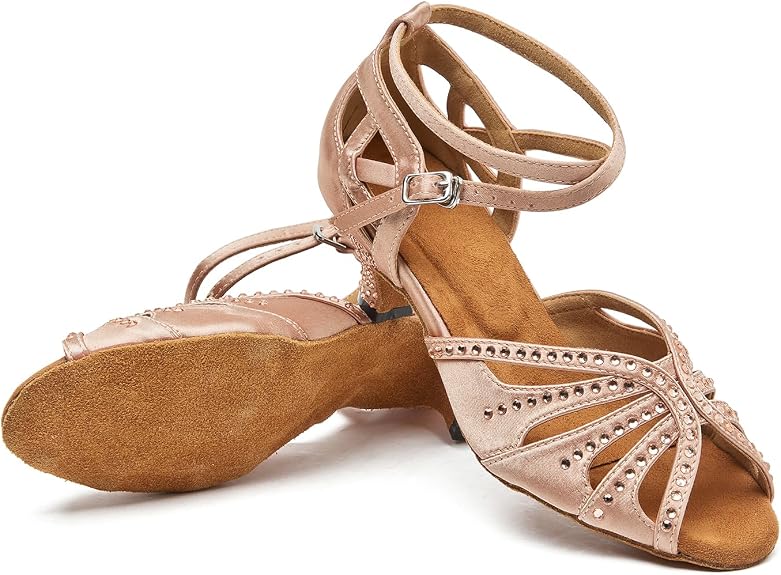 Women’s Ballroom Latin Salsa Dance Shoes, 2-Inch Low Heel, Comfortable with Rhinestones, Suede Sole, Lightweight, for Beginners, Practice, Social & Party