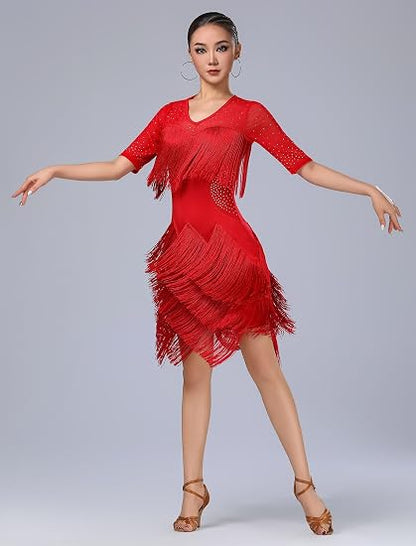 Rhinestones Layered Fringe Dress Ballroom Latin Dance Dress for Women Tassel Flapper Dresses Salsa Dancing Costume