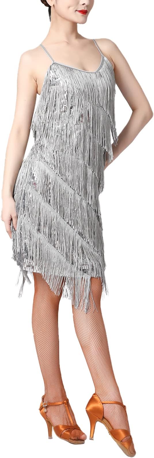 Women Sequin Tassel Dress Sleeveless Stand Collar Fringe Latin Salsa Cha Cha Jazz Dance Costume
