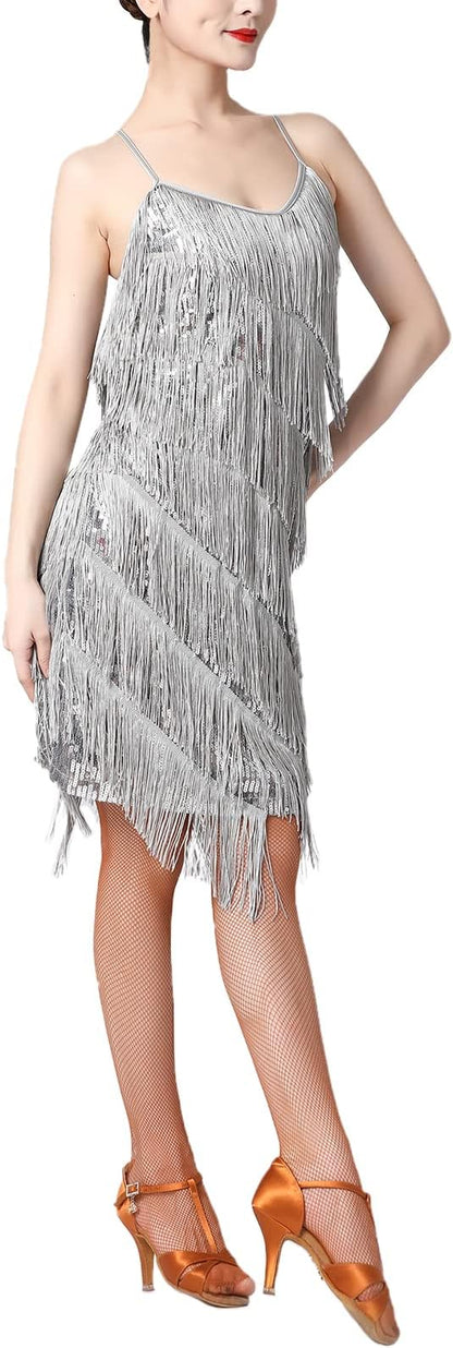 Women Sequin Tassel Dress Sleeveless Stand Collar Fringe Latin Salsa Cha Cha Jazz Dance Costume
