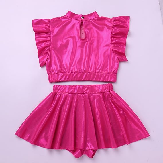 Women Metallic Dance Dress Ruffle Sleeve Crop Top Mini Dance Short Half Skirt Adult Lyrical Costume