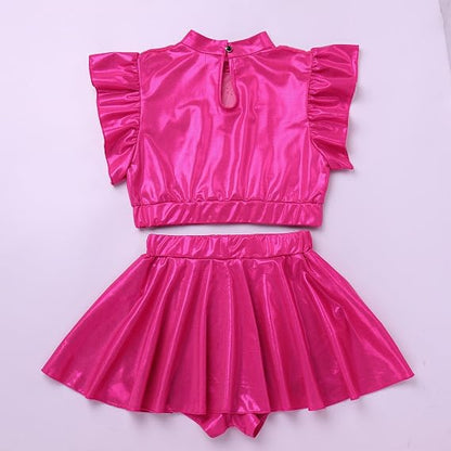 Women Metallic Dance Dress Ruffle Sleeve Crop Top Mini Dance Short Half Skirt Adult Lyrical Costume
