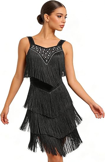 Women's Latin Dance Dress - Sparkly Rhinestones Fringe Salsa Ballroom Dance Outfit Stage Performance Costume