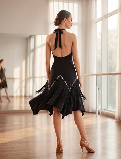 Women Halter Rhinestone Fringe Latin Dance Flapper Dress
