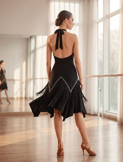 Women Halter Rhinestone Fringe Latin Dance Flapper Dress