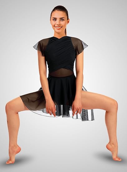 Women Lyrical Dance Costume Dress Contemporary Water Drop Hollow Back Front Crossover Mesh Asymmetrical Skirt