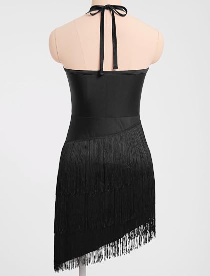 Sparkly Tassel Latin Dance Dress for Women Halter Asymmetric Fringe Flapper Dresses Mesh Salsa Tango Ballroom Dance Costume