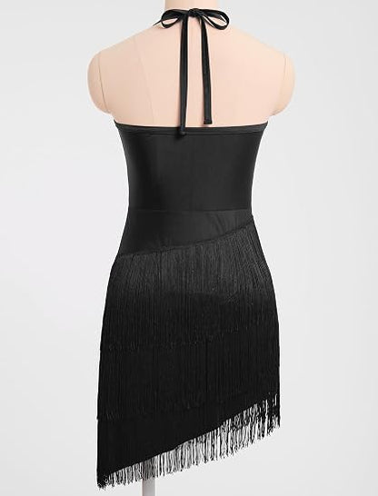 Sparkly Tassel Latin Dance Dress for Women Halter Asymmetric Fringe Flapper Dresses Mesh Salsa Tango Ballroom Dance Costume