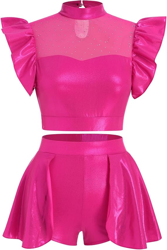 Women Metallic Dance Dress Ruffle Sleeve Crop Top Mini Dance Short Half Skirt Adult Lyrical Costume
