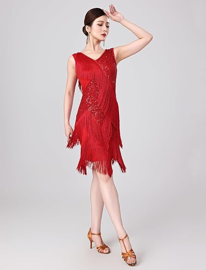 Women Sexy Fringe Latin Dance Dress Sequins Flapper Tassel Jazz Costume Sleeveless V-Neck Dancing Party Outfit
