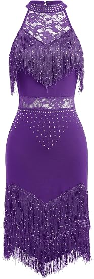 Sparkle Rhinestones Latin Dance Dress for Women Halter Tassel Sequin Fringe Flapper Dress 1920s Lace Ballroom Dance Costume