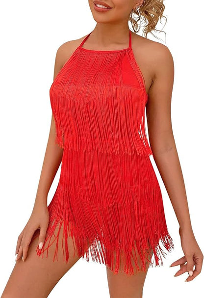 Women Halter Tassel Romper Backless Fringe Latin Dance Dress Evening Short Jumpsuit Dressy Ballroom Tie Back Playsuit