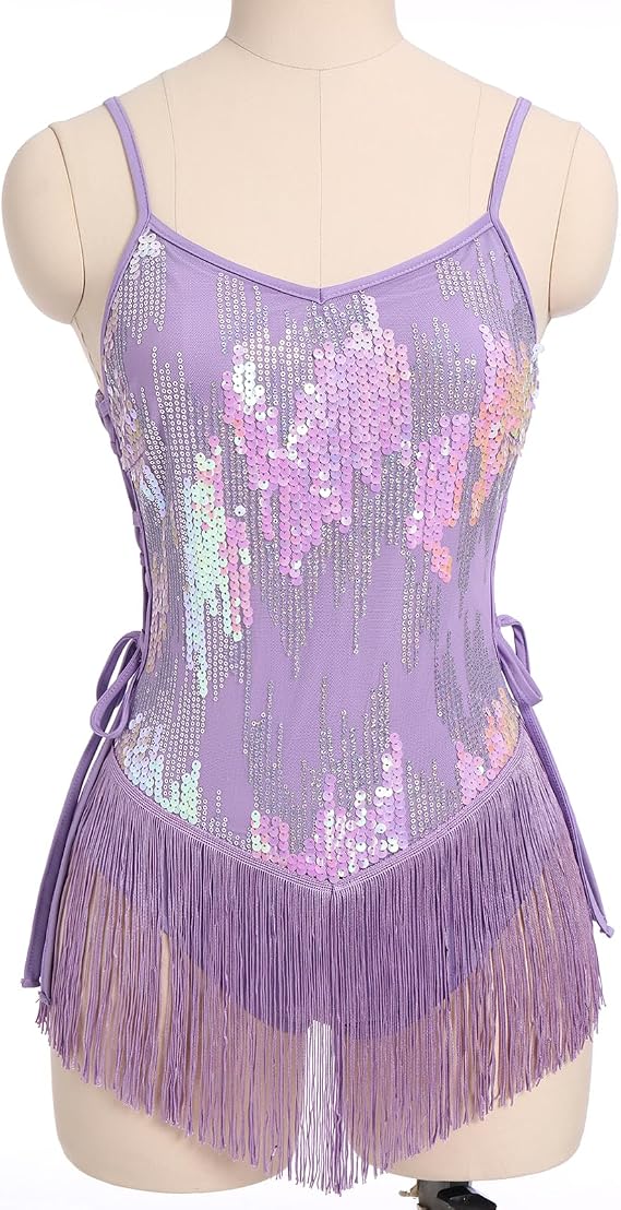 Sequin Fringe Bodysuit for Women Sparkly Hollow Out Tassel Romper Leotard Rave Latin Jazz Dance Costume