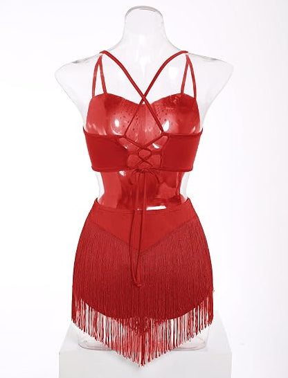 Rhinestone Fringe Bodysuit Women Sparkly Latin Jazz Dance Costume Halter Tassel Fringe Romper Acrobat Trapeze Outfits
