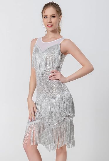 Women's Salsa Latin Dance Dress Glitter Sequin Fringe Flapper Party Ballroom Outfit