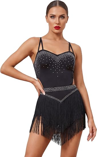 Rhinestone Fringe Bodysuit Women Sparkly Latin Jazz Dance Costume Halter Tassel Fringe Romper Acrobat Trapeze Outfits