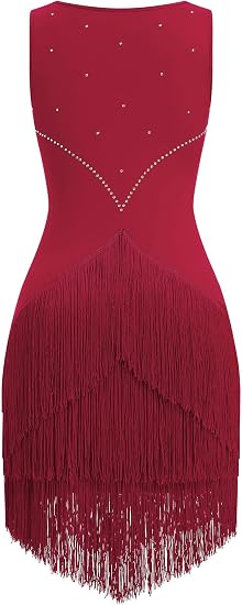 Women Latin Dance Dress Sleeveless V Neck Rhinestone Top Midi Fringe Skirt Jazz Ballroom Outfit