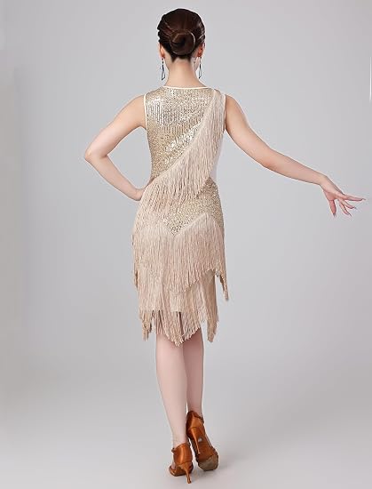 Women Sexy Fringe Latin Dance Dress Sequins Flapper Tassel Jazz Costume Sleeveless V-Neck Dancing Party Outfit