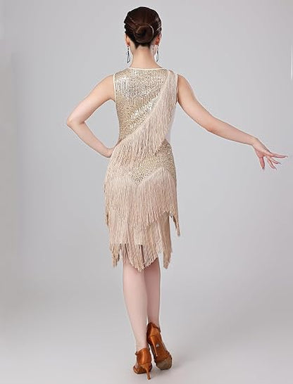 Women Sexy Fringe Latin Dance Dress Sequins Flapper Tassel Jazz Costume Sleeveless V-Neck Dancing Party Outfit
