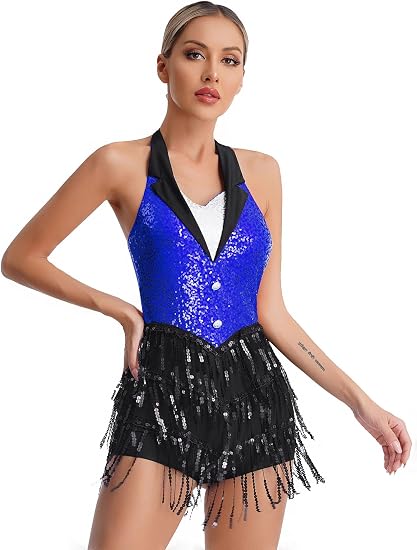 Women's Latin Jazz Costume Shiny Sequins Fringe Jumpsuit Sleeveless Tassel Leotard Dancewear