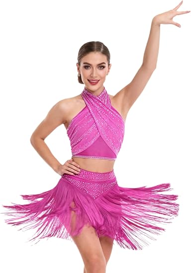 Women Tassel Chacha Samba Performance Rhinestone Dress Latin Dance Costume Fringe Salsa Dance Outfit