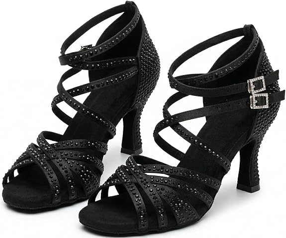 Women's Rhinestone Latin Dance Shoes 3" Heel Professional Satin Ballroom Salsa Performance Dancing Shoes