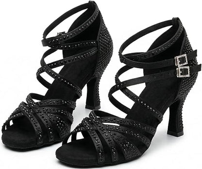 Women's Rhinestone Latin Dance Shoes 3" Heel Professional Satin Ballroom Salsa Performance Dancing Shoes