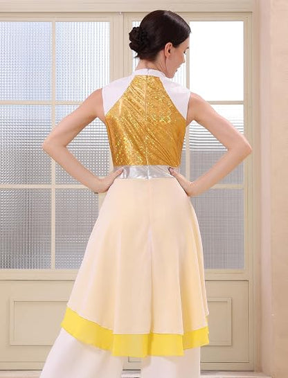 Metallic Color Block Praise Dance Overlay Dress for Women Asymmetrical Ruffle Worship Tunic Liturgical Dancewear