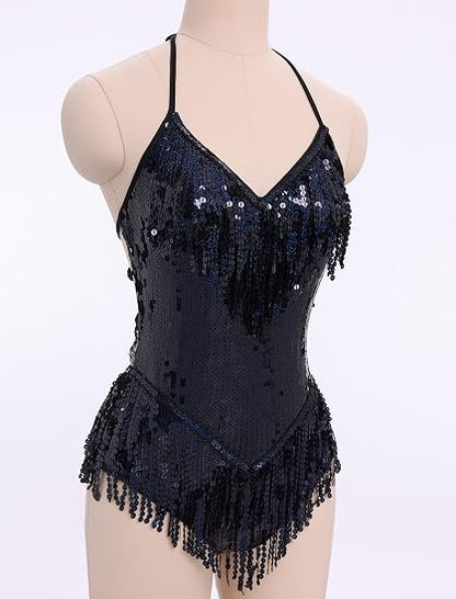 Sexy Sequins Fringe Bodysuit Halter Lace Up Back Jazz Latin Dance Tassel Leotard Acrobat Costume Rave Concert Outfits